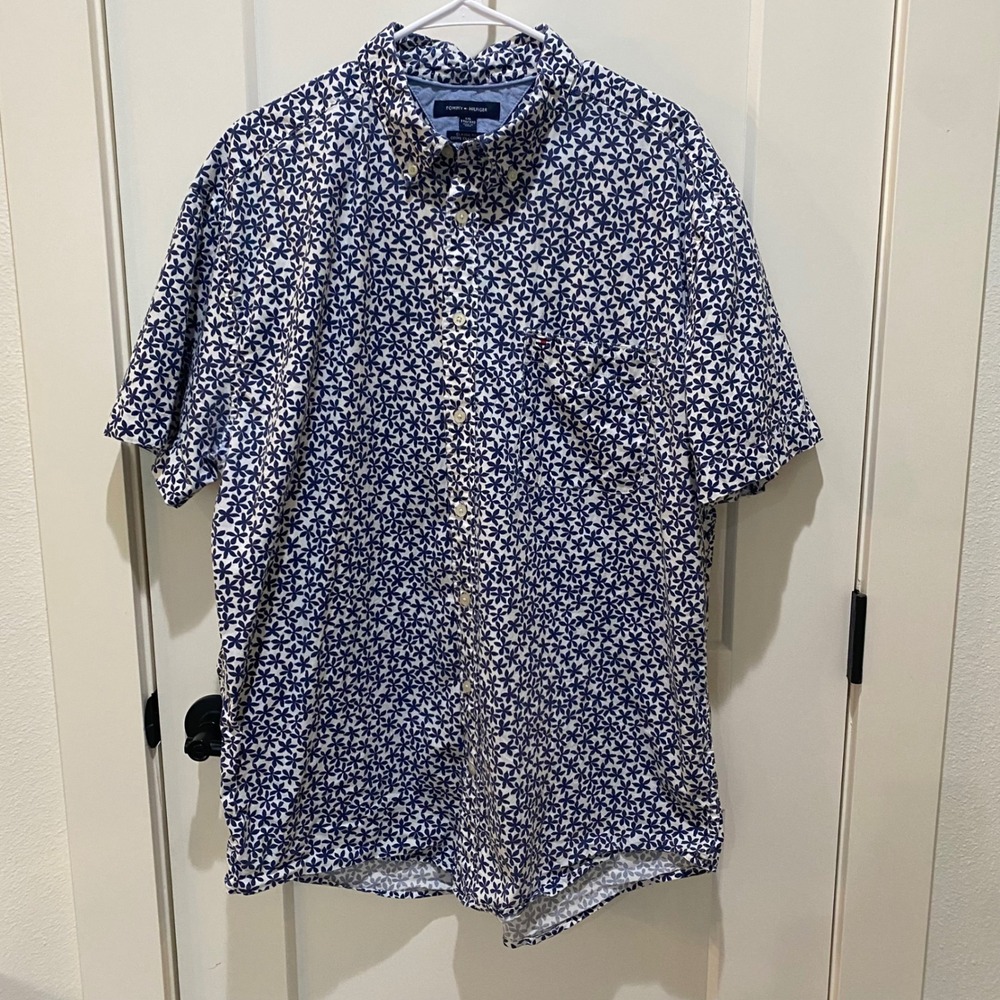 Tommy Hilfiger Mens XXL Classic Fit Short Sleeve Floral Button Down Shirt Navy